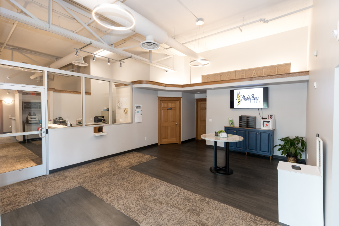Interior of municipal government facility showing reception and public service area, constructed by Rice Companies
