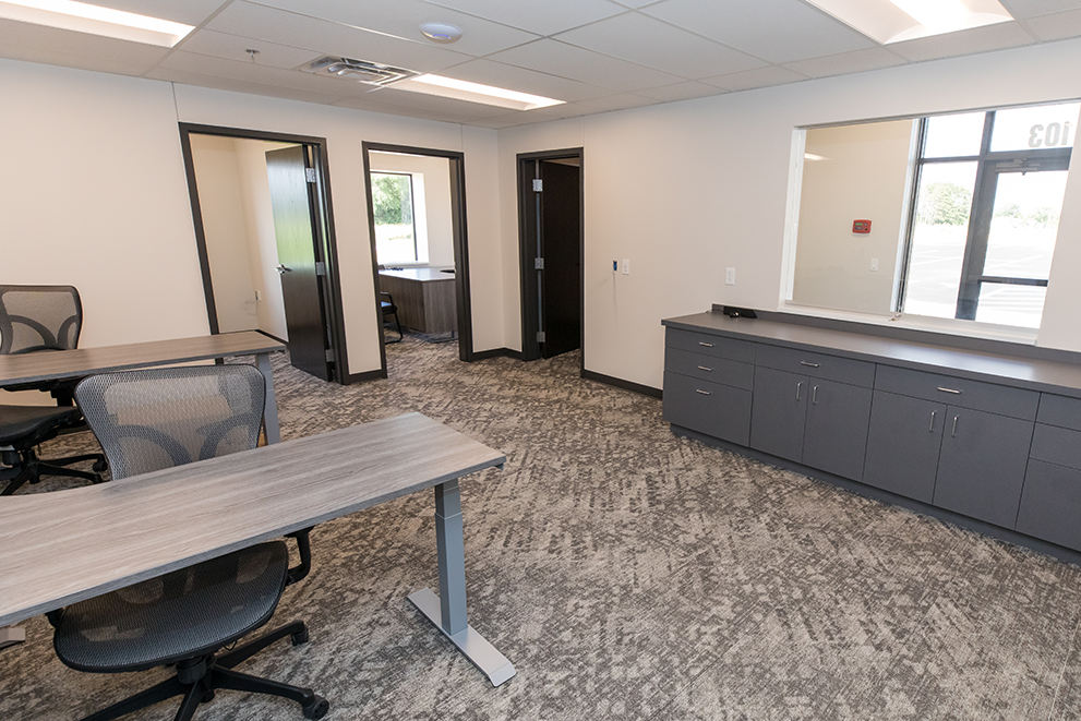 Interior of transportation facility showing driver break room and office space, constructed by Rice Companies