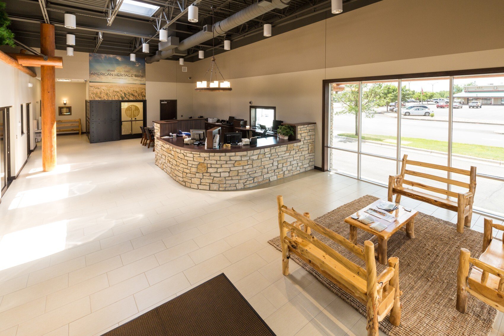 Interior of retail bank branch showing open banking floor and service counters, constructed by Rice Companies