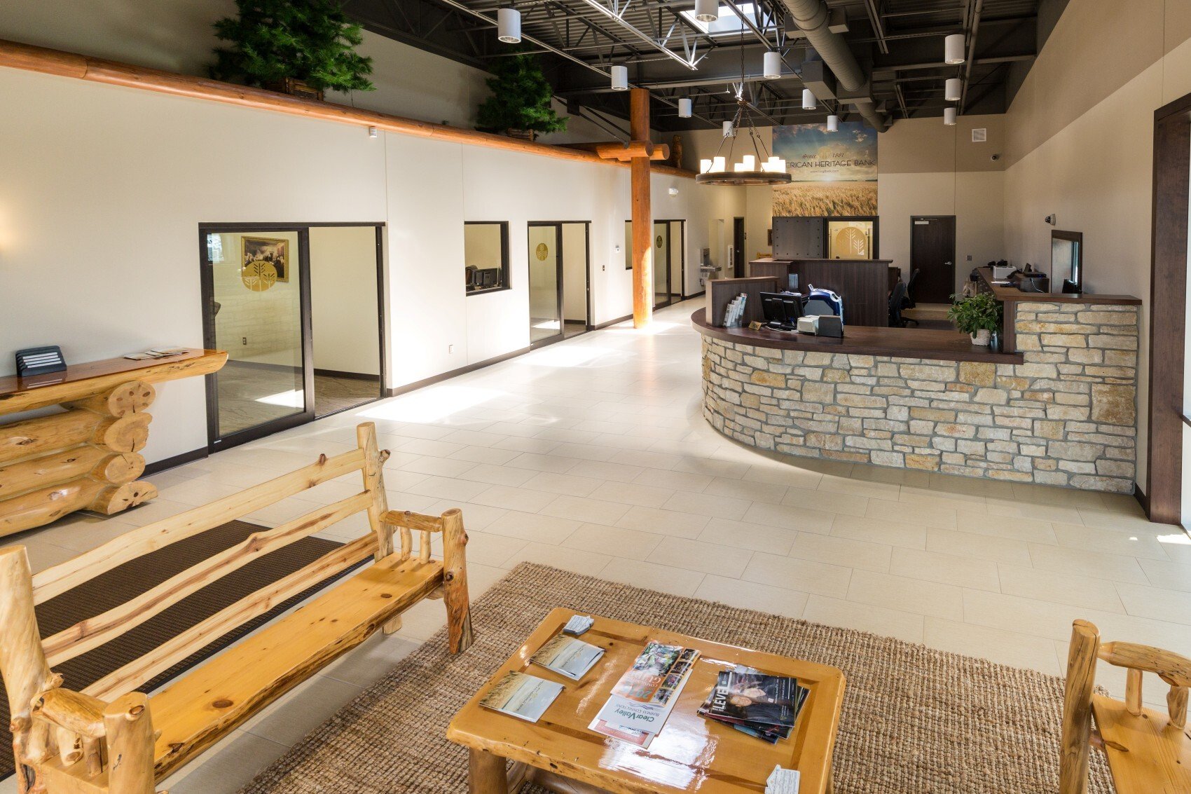 Interior of retail bank branch showing teller area and customer seating, constructed by Rice Companies