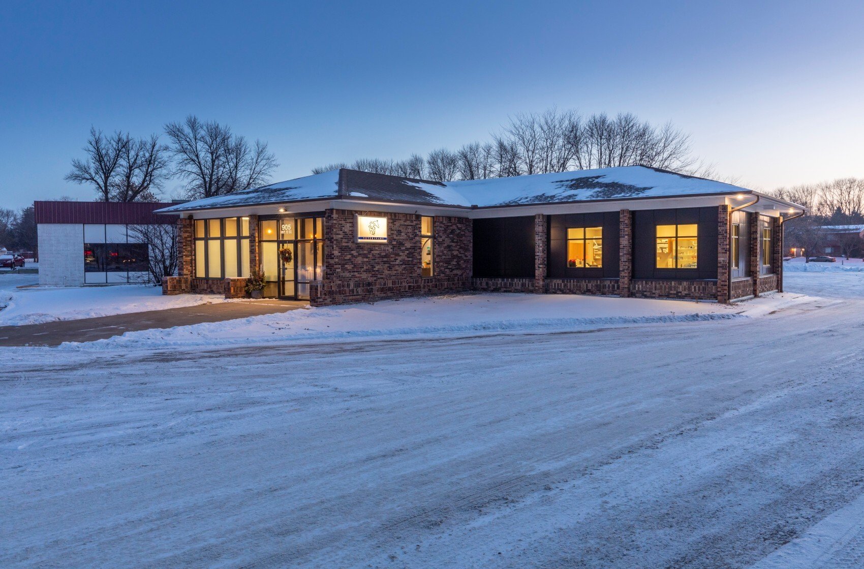 Exterior of veterinary clinic showing building facade and site access, constructed by Rice Companies