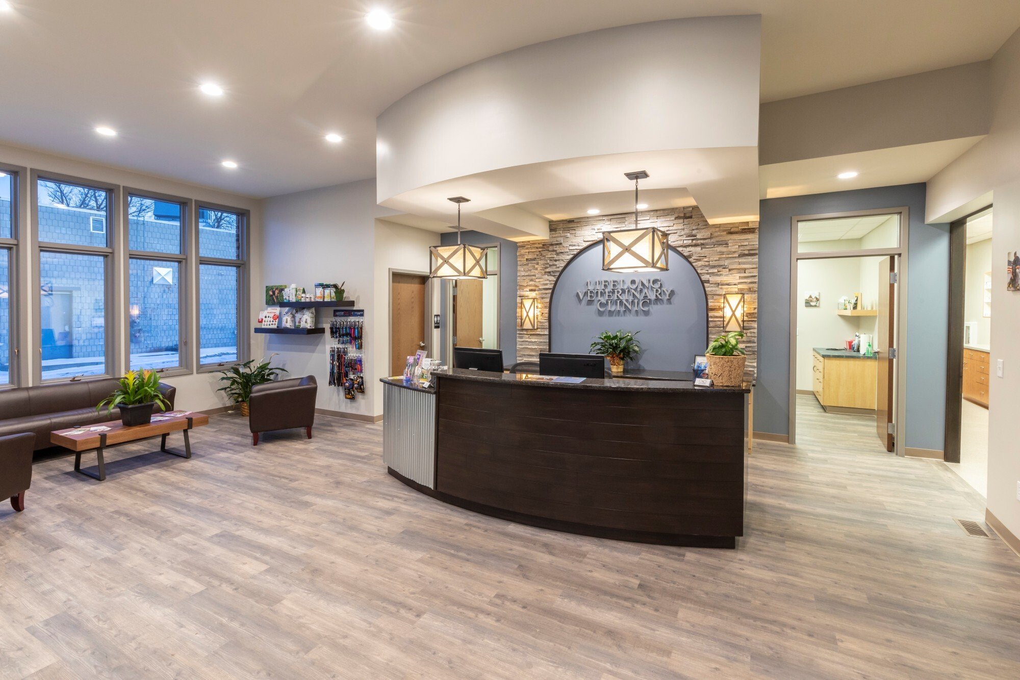 Interior of veterinary clinic showing reception desk and waiting area, constructed by Rice Companies