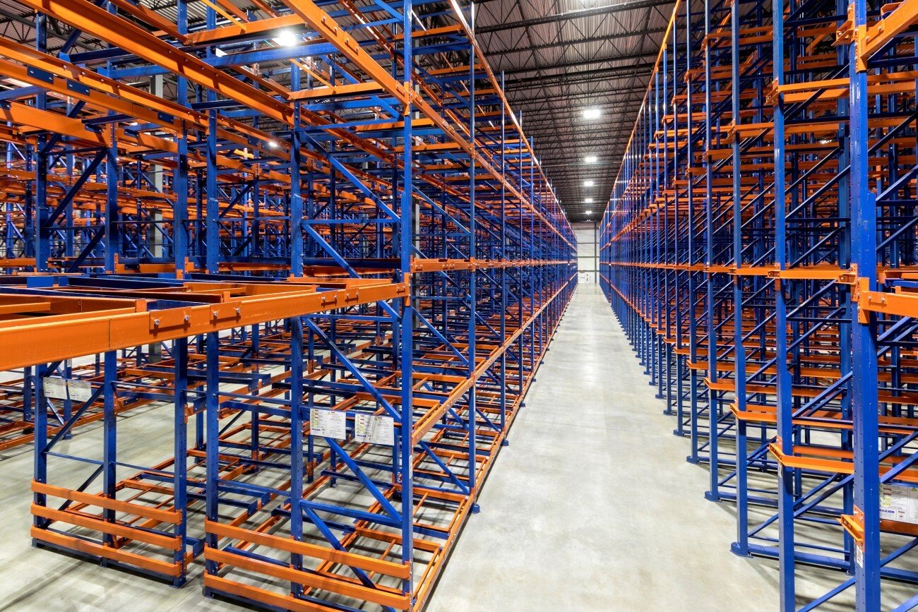 Interior of cold storage facility showing industrial pallet racking system, constructed by Rice Companies