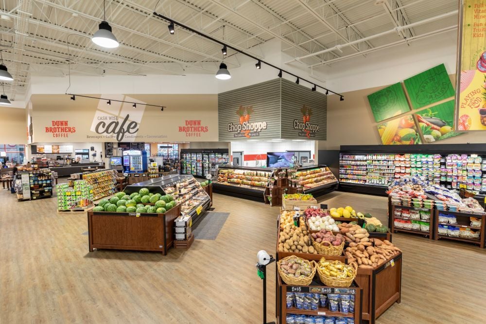 Interior of grocery store showing produce department and open retail layout, constructed by Rice Companies
