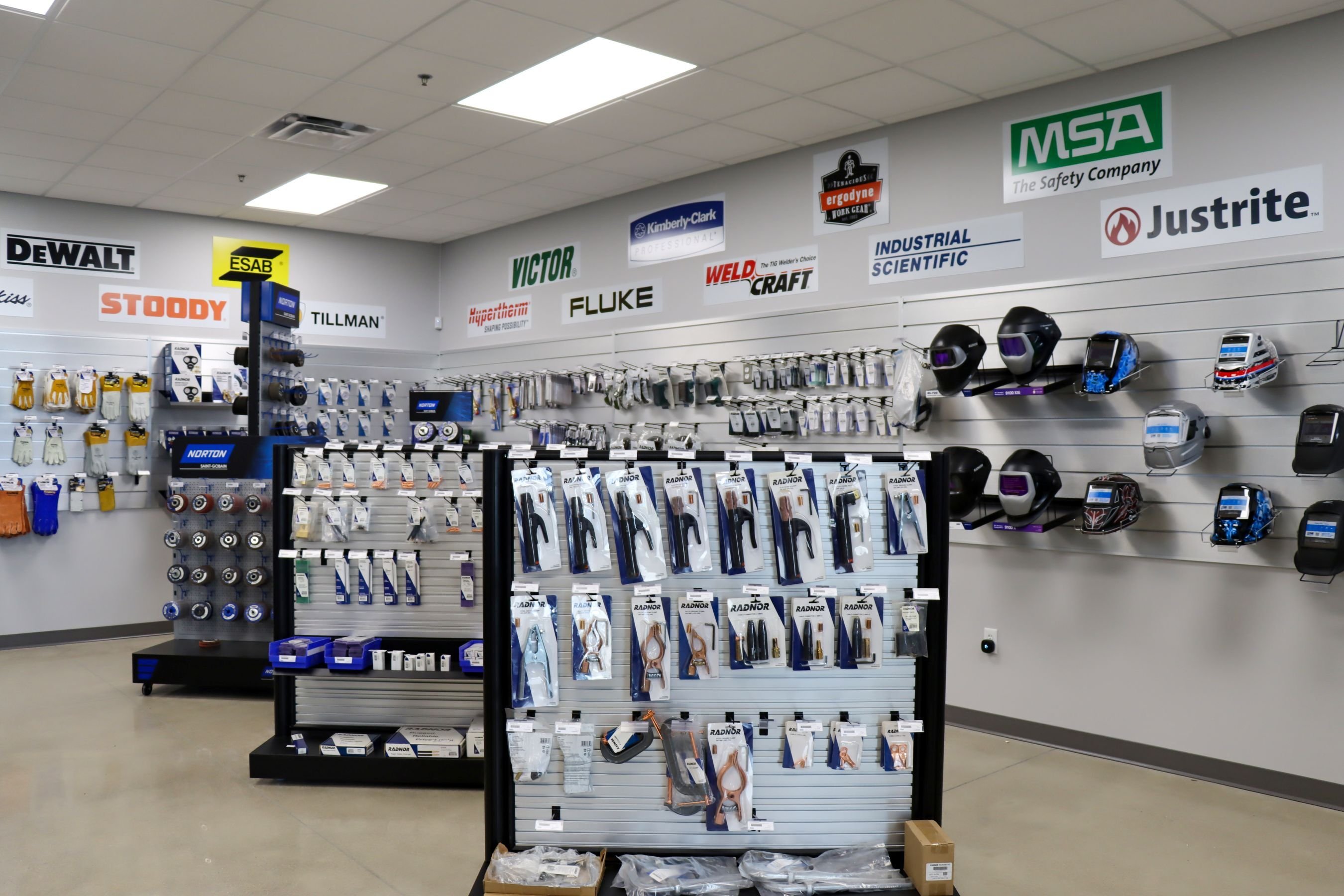 Retail product display and equipment shelving inside the Airgas facility, constructed by Rice Companies.
