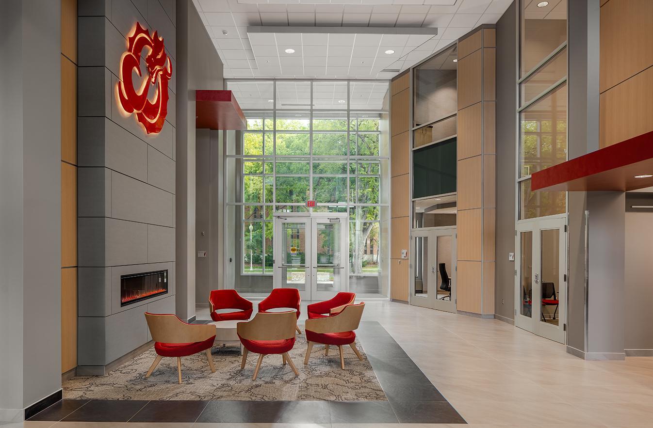 Interior of alumni center showing lobby and gathering space, constructed by Rice Companies