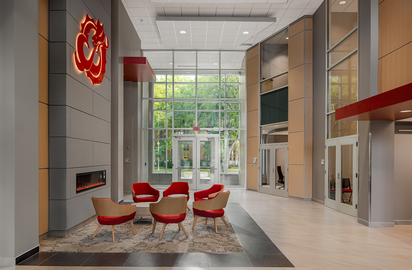 Interior of alumni center showing lobby and gathering space, constructed by Rice Companies
