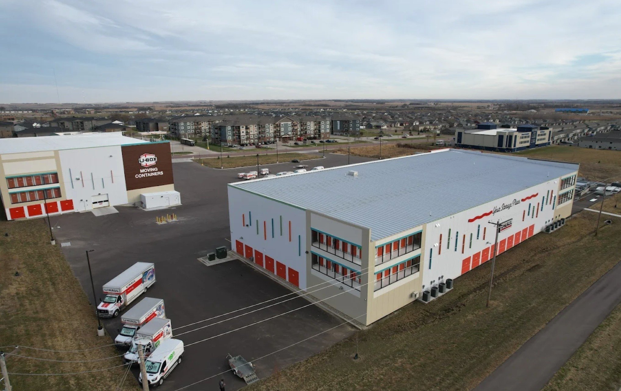 Aerial overview of the U-Haul drive-in storage facility and surrounding site in Sioux Falls, constructed by Rice Companies.