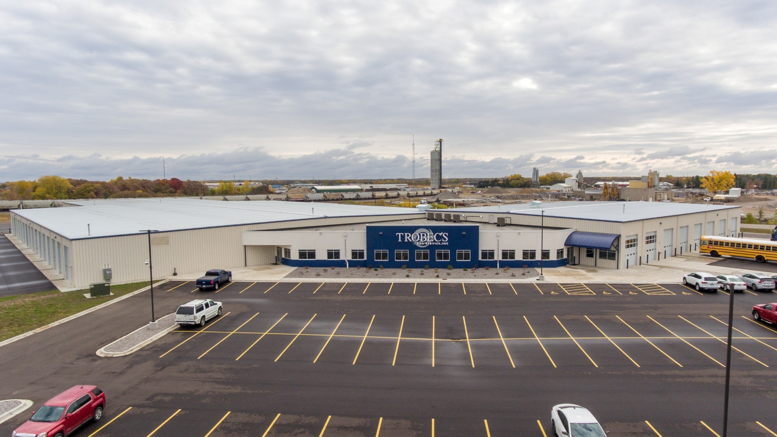 Exterior of transportation operations facility with pre-engineered steel construction and bus parking access, constructed by Rice Companies