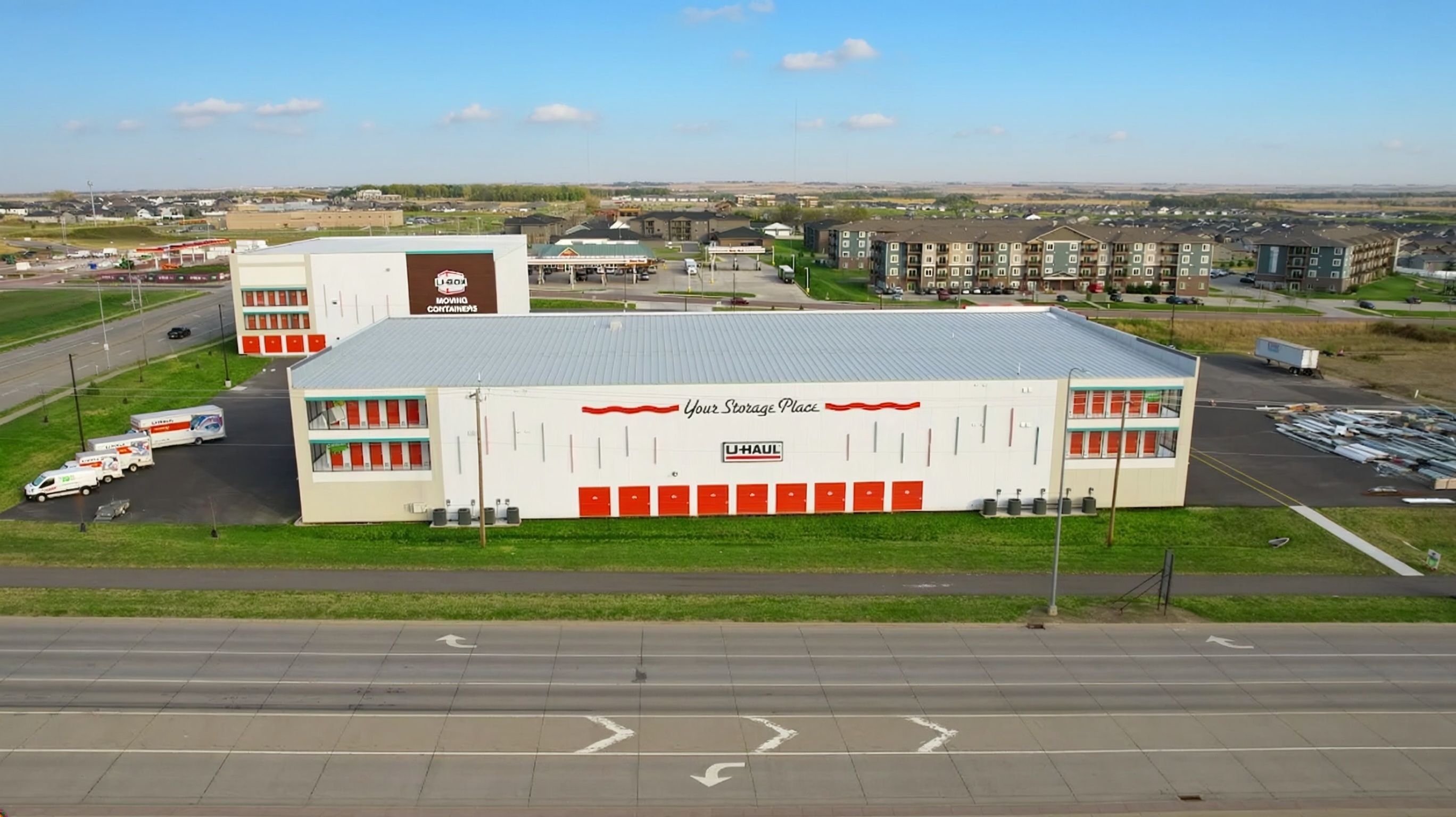 Aerial front view of the U-Haul drive-in storage facility in Sioux Falls, constructed by Rice Companies.