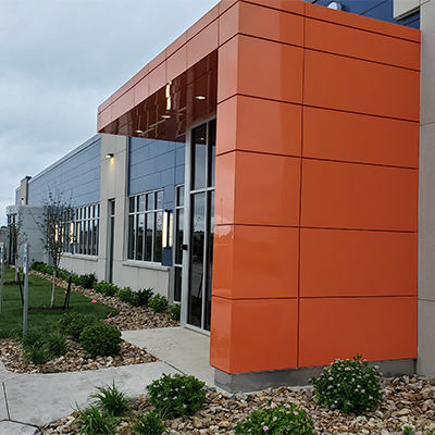 Modern orange and blue office exterior